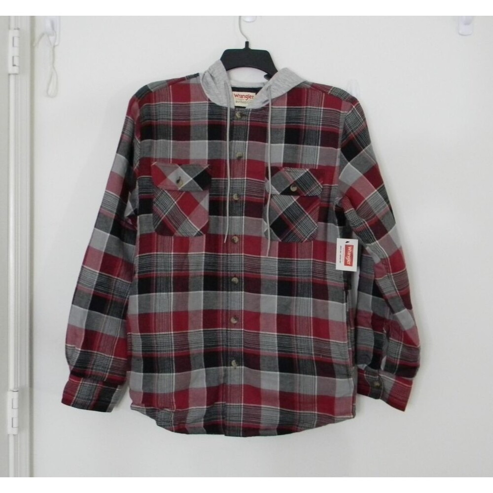 Wrangler Authentics Plaid Hooded Quilt Jacket Shacket Gray Red Black Mens Sm NWT